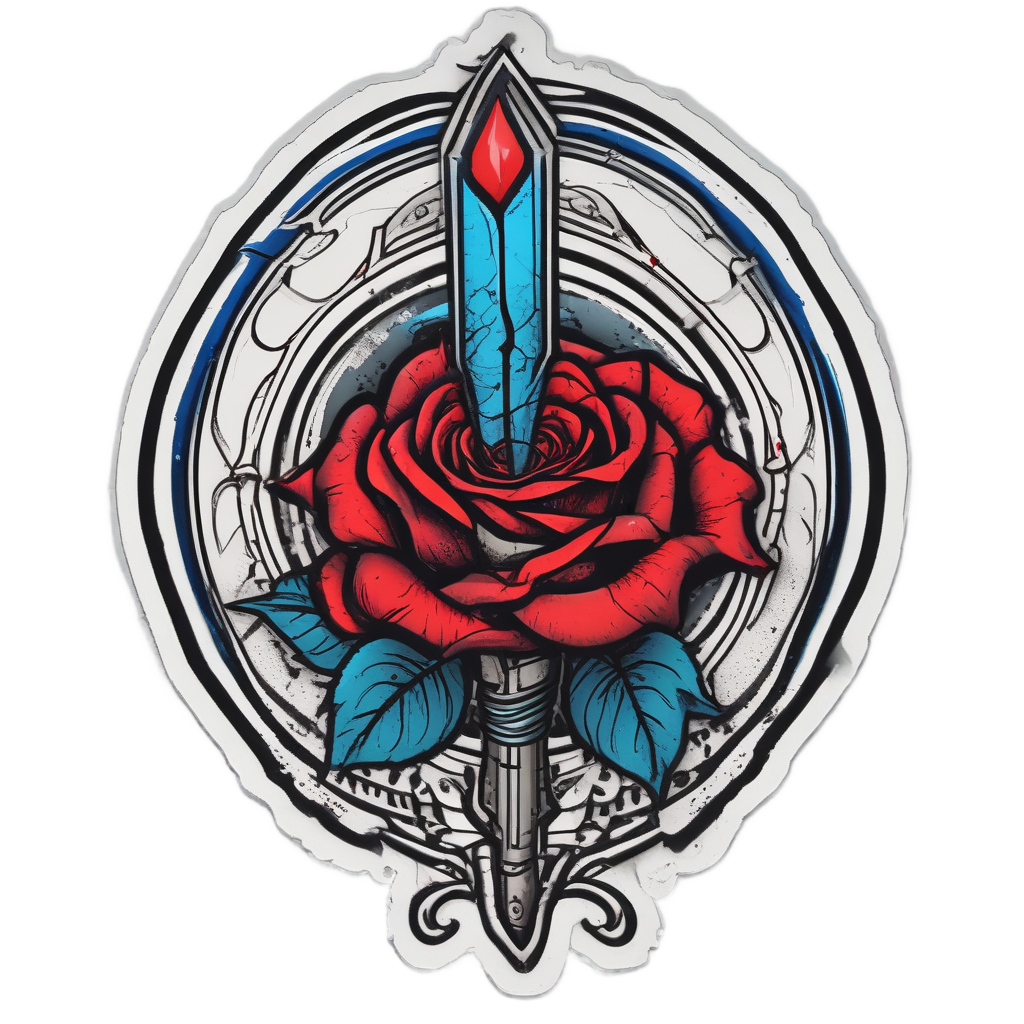 A dagger piercing a neon red rose with a falling blood drop