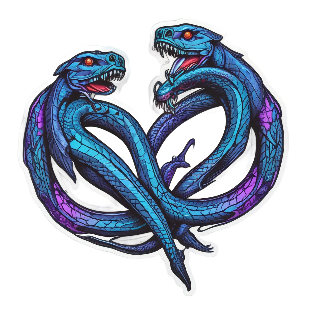 Two black snakes with neon blue daggers crossed