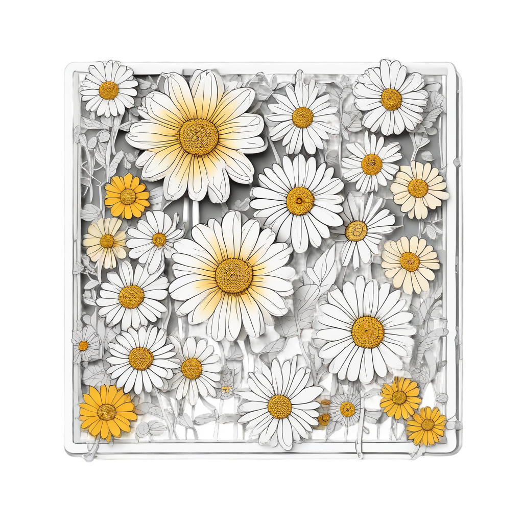 A lineart square frame of daisies with yellow centers.
