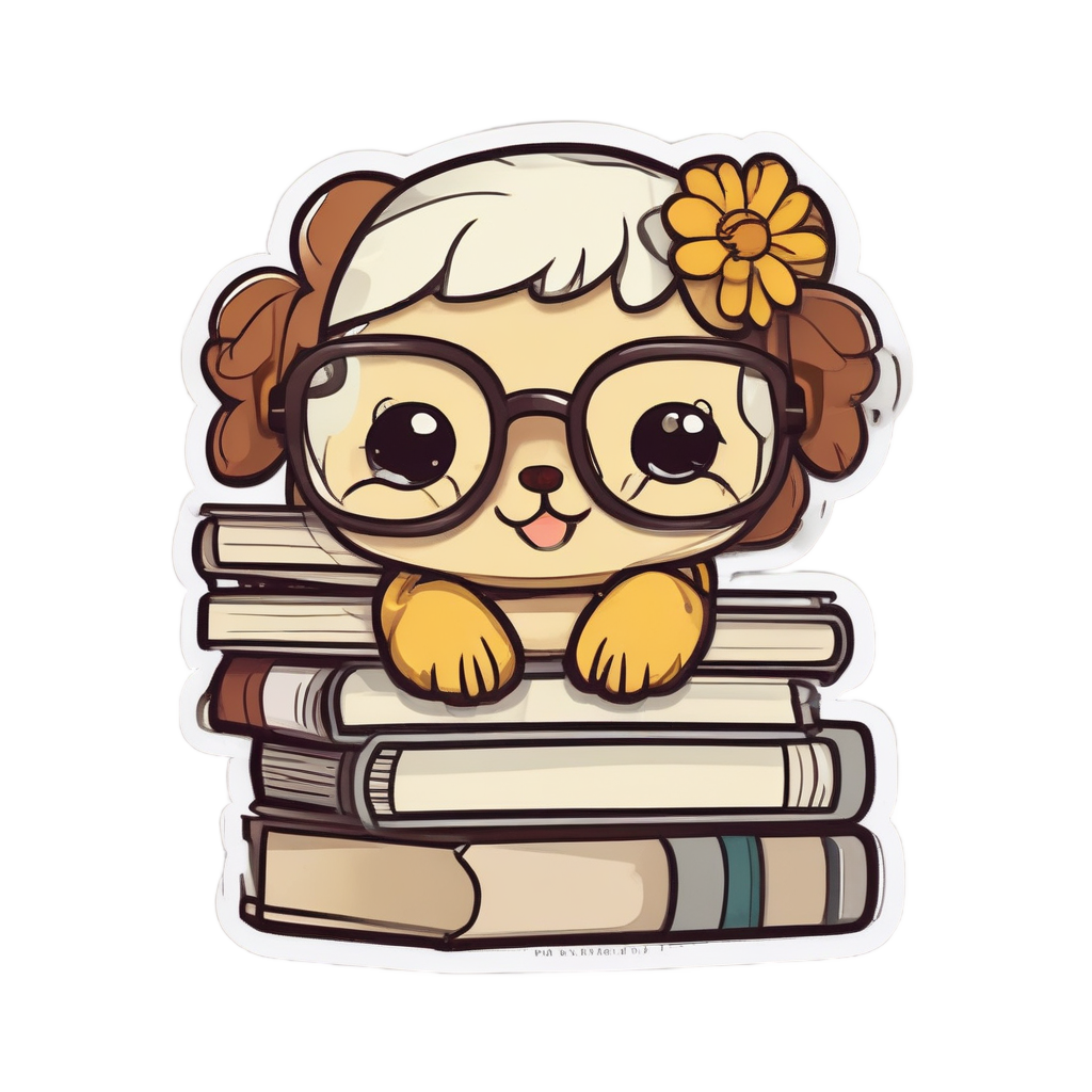A kawaii daisy with glasses reading a book perched on a stack of books