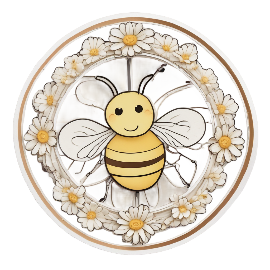 A daisy chain frame with a smiling bee perched on top