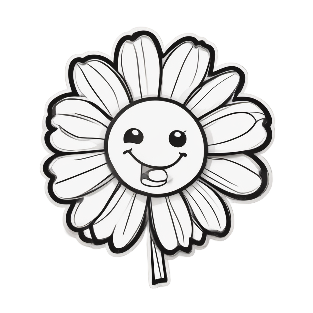A single-line kawaii yellow daisy with big eyes and smile, petals flared in dance