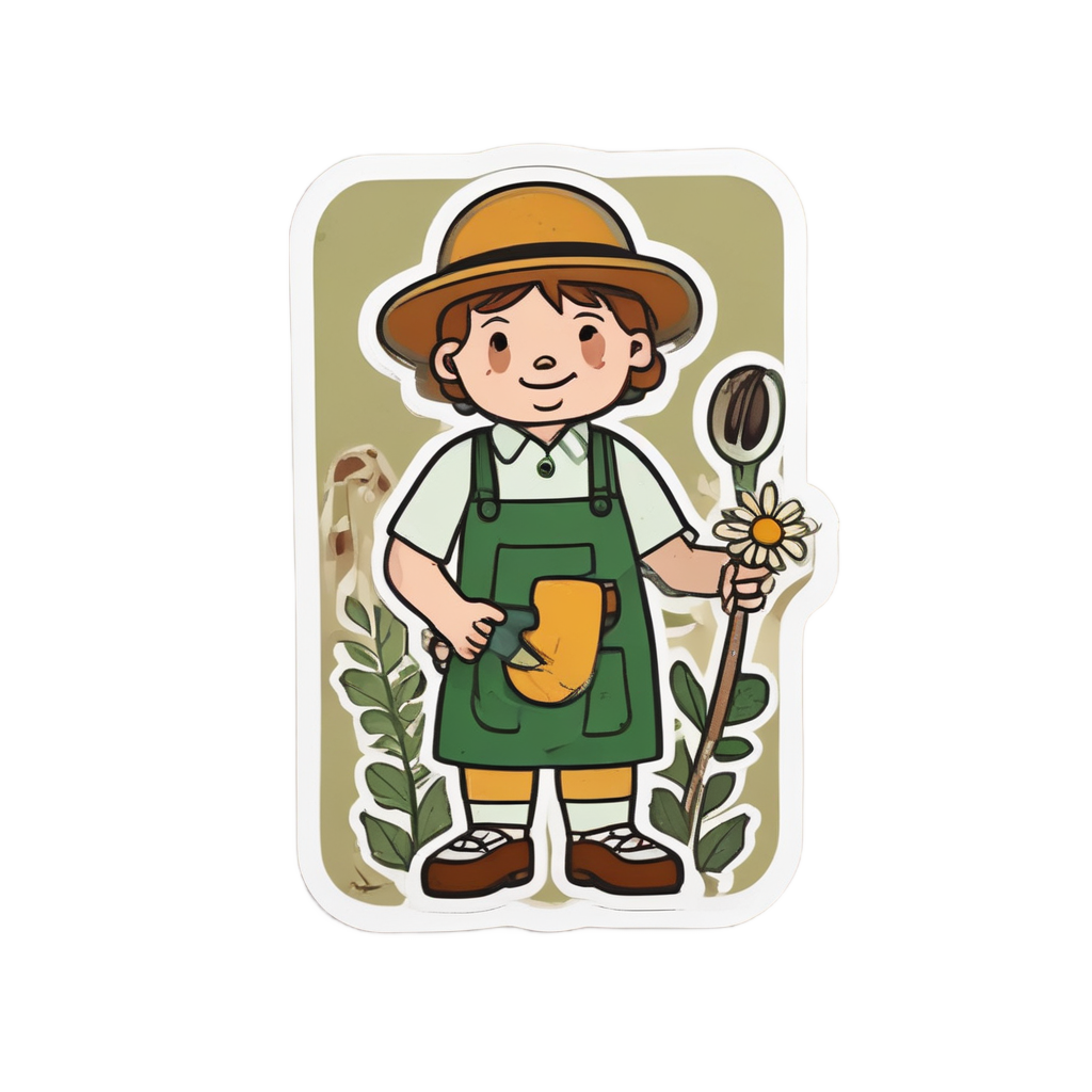 A nurturing pressed daisy gardener sticker planting seeds with papercut tools