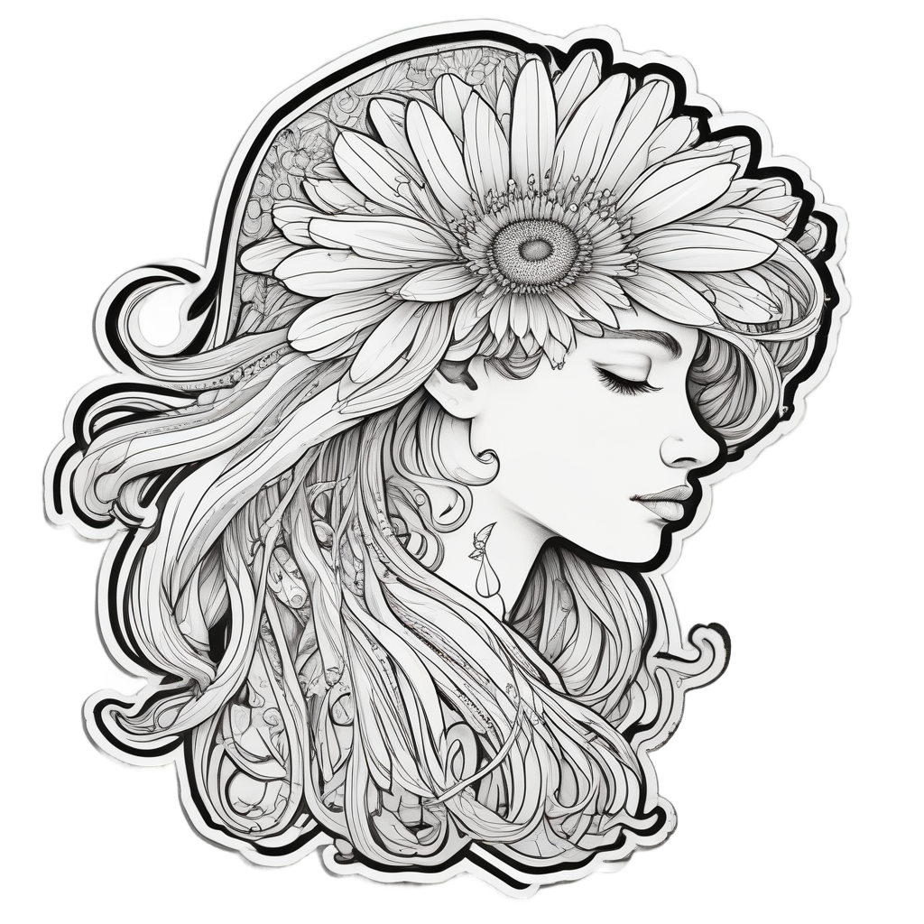 Black line art of a daisy nestled in flowing hair strands