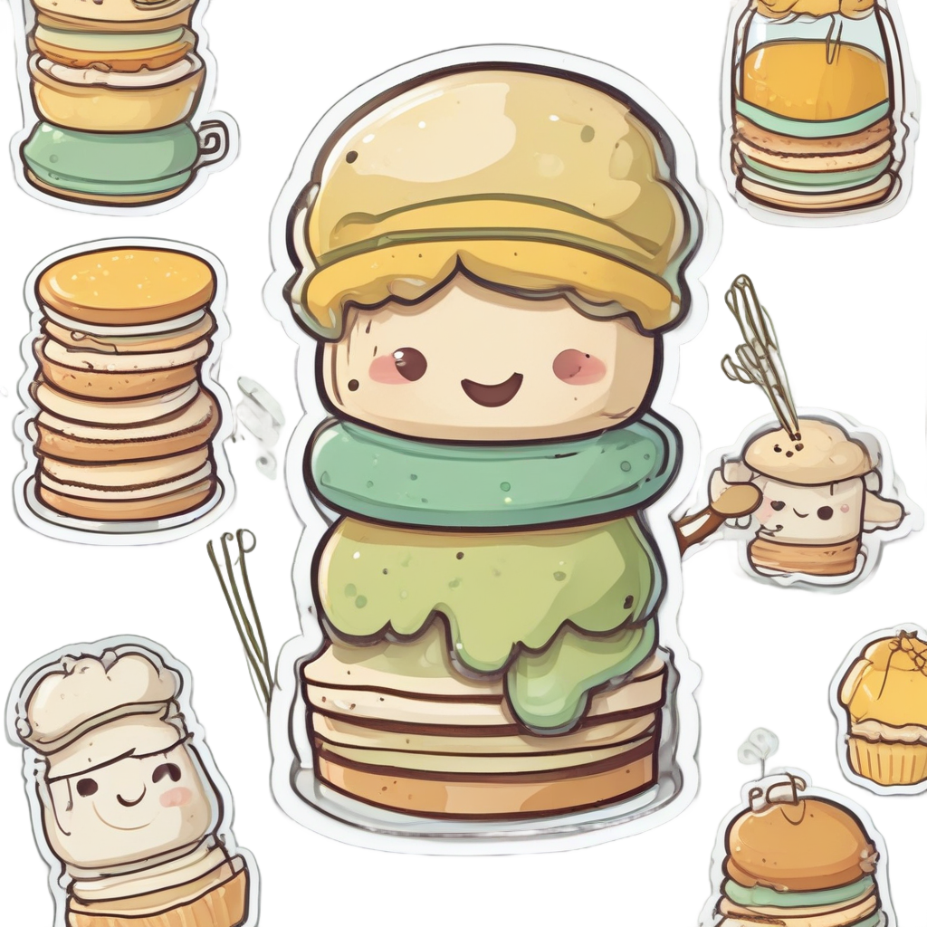 A cute daisy wearing a chef hat next to a stack of pancakes.