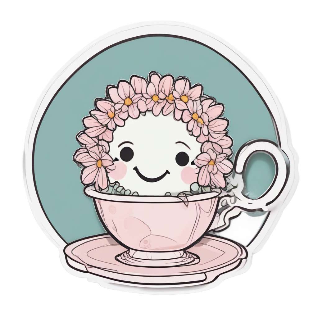 A pressed daisy smiling with a teacup held by a leaf, soft pink lineart.