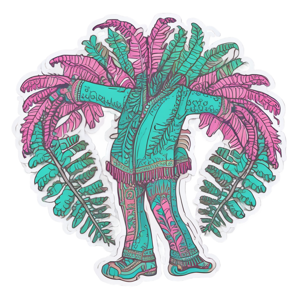 Line-art fern dancing in bell-bottom pants with joyful pose