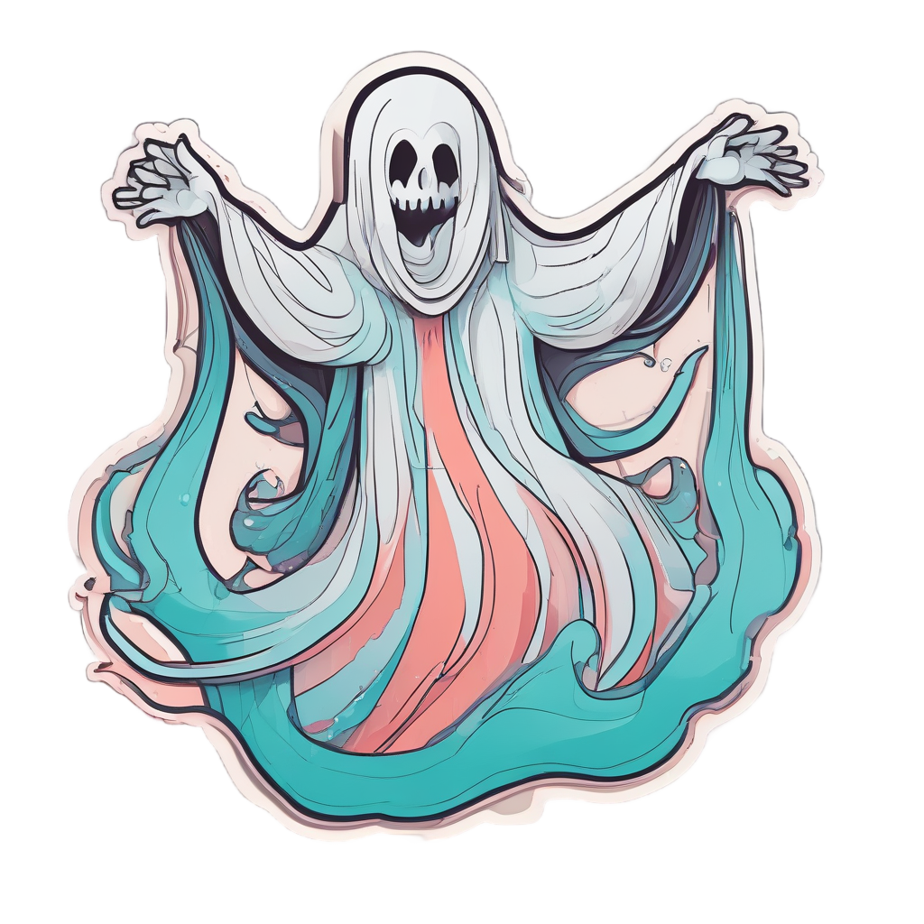 A happy ghost dances with a flowing coral and teal ribbon in lineart.