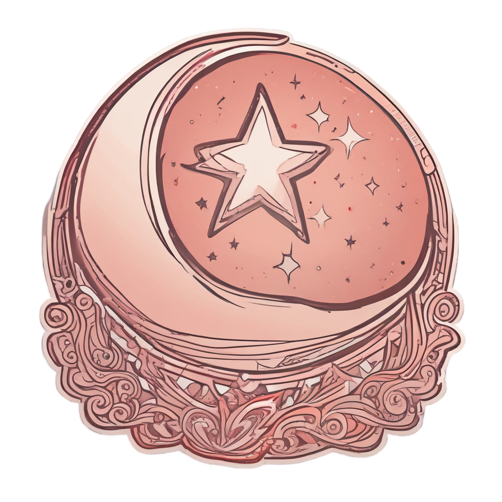A fine-line dancing moon with a star in red on a coral-peach background