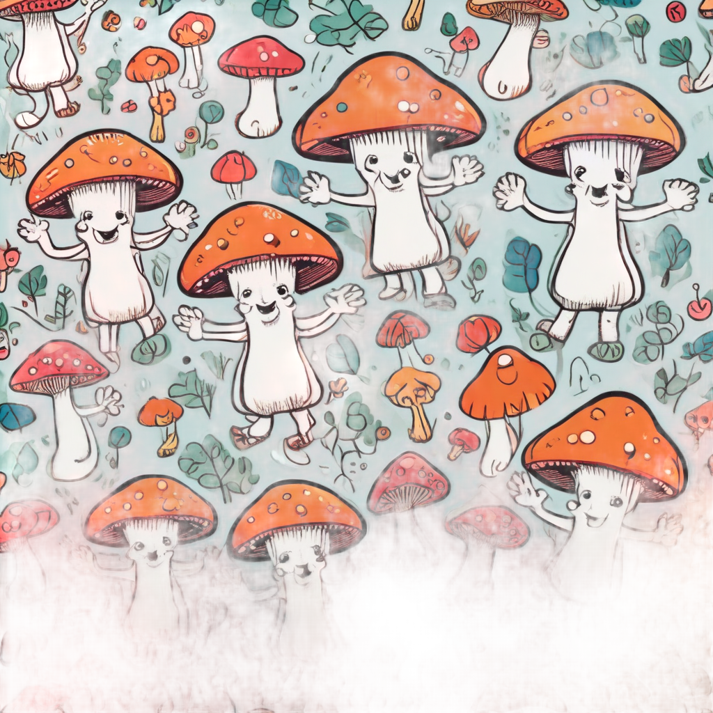 Three expressive mushrooms dancing with hats and scarves, lineart style.