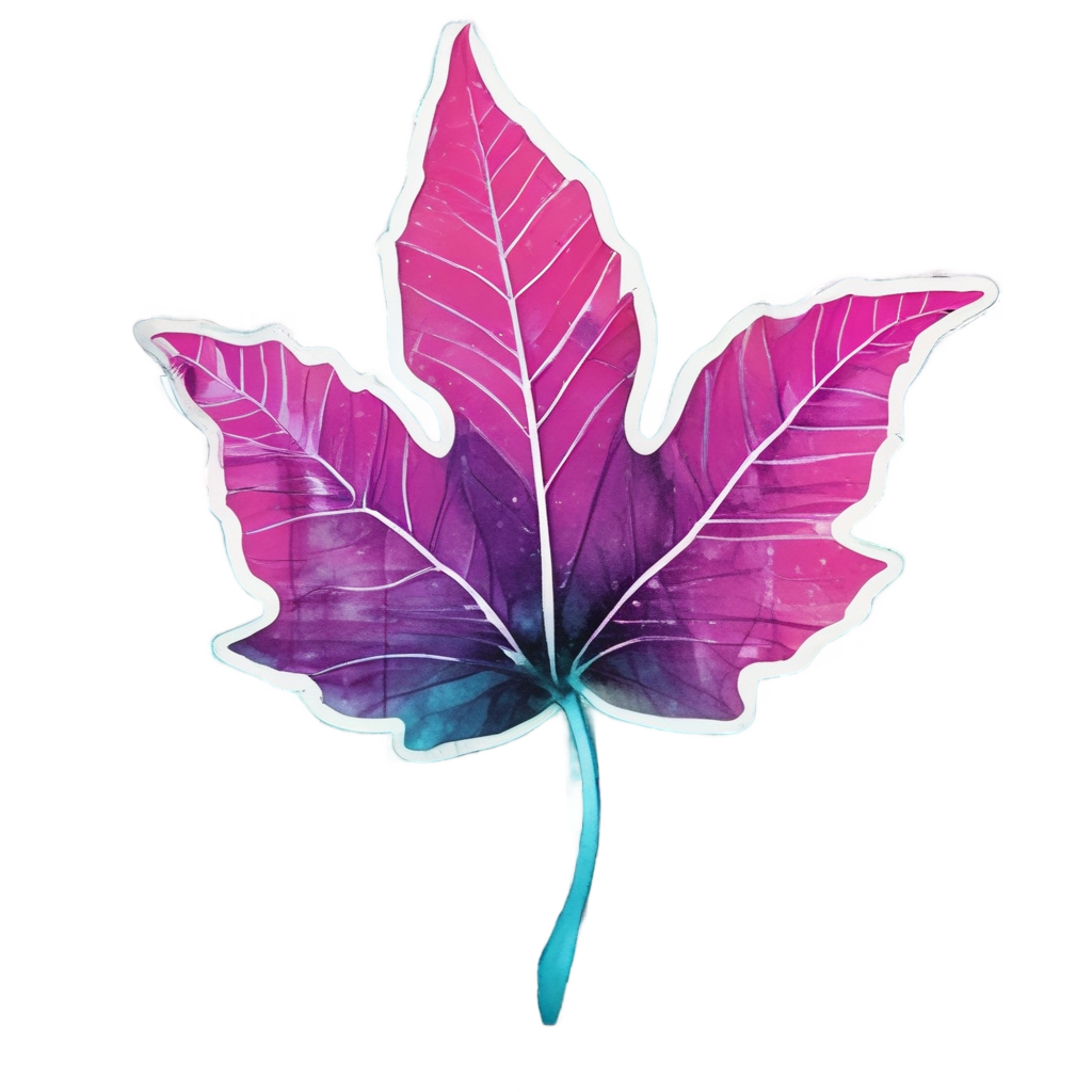 A neon pink and teal leaf swirl on a dark retro grid background