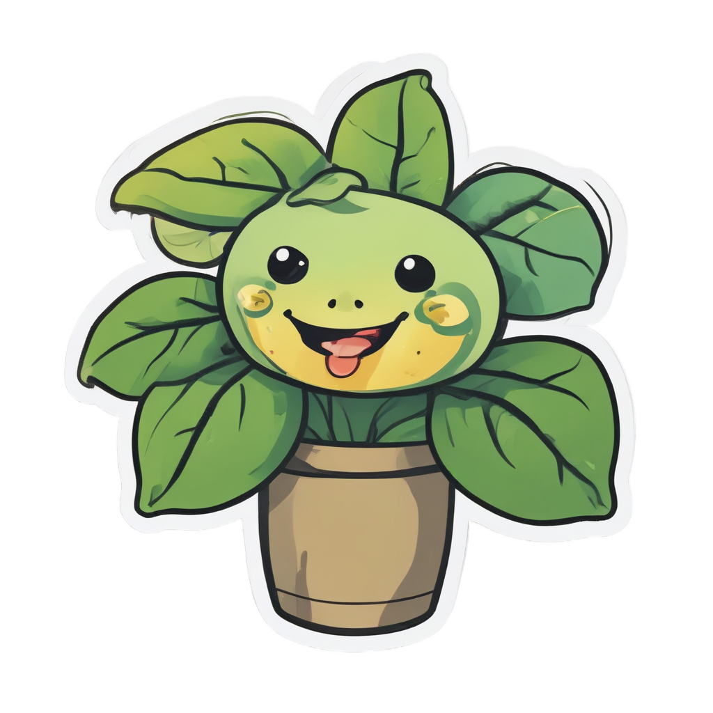 A kawaii pothos plant dancing with maracas, bright yellow and green, die-cut sticker