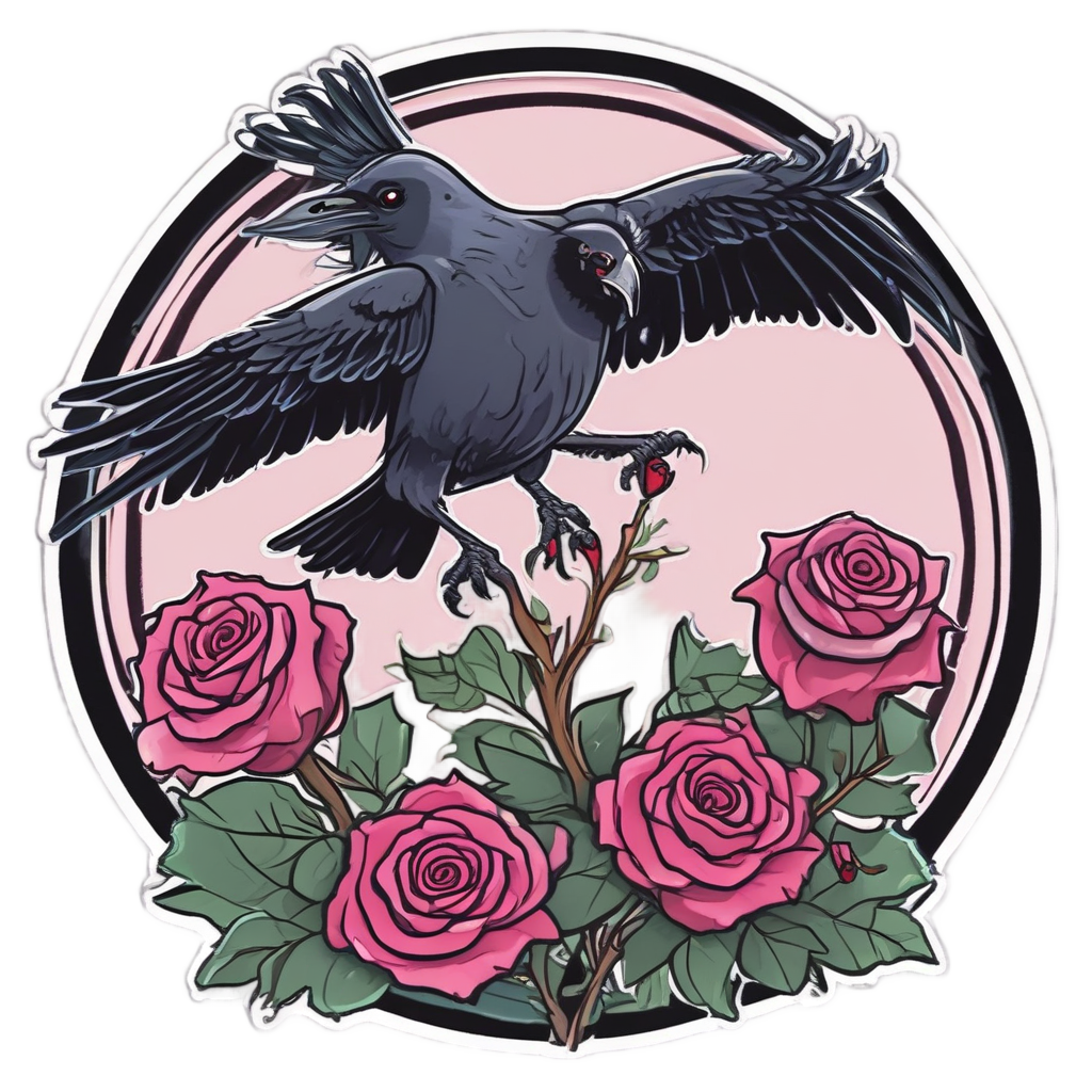 Dancing Raven with Thorny Rose — gothic botanical stickers