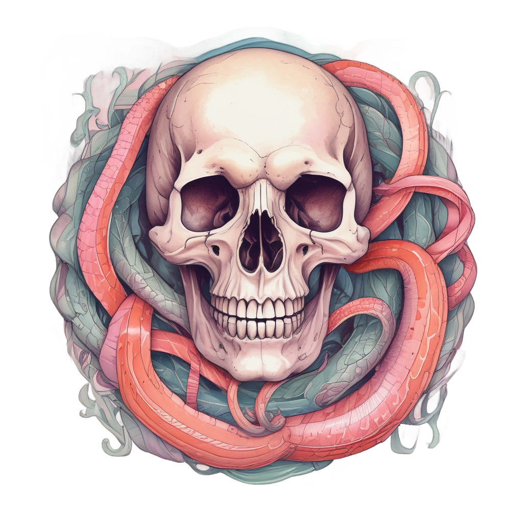Dancing Ribbon Snake Skull — line-art skull stickers