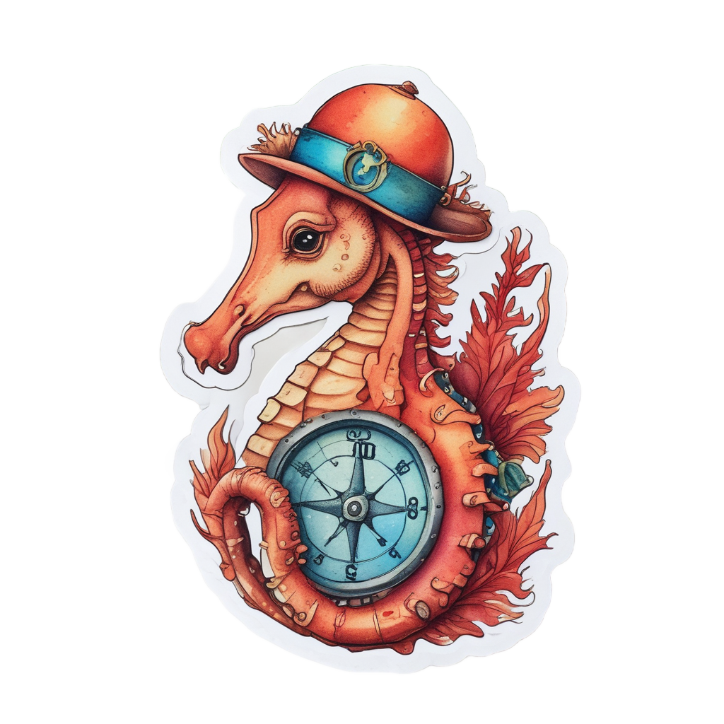 A watercolor seahorse with an explorer hat and compass in coral and teal tones