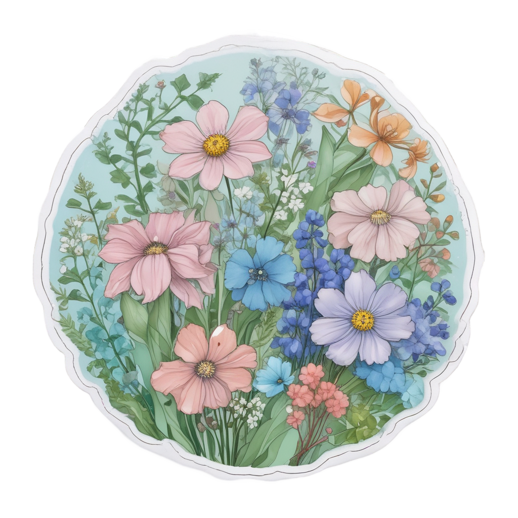 Delicate holographic tangle of tiny bluebells, clovers, and baby's breath in coral and aqua