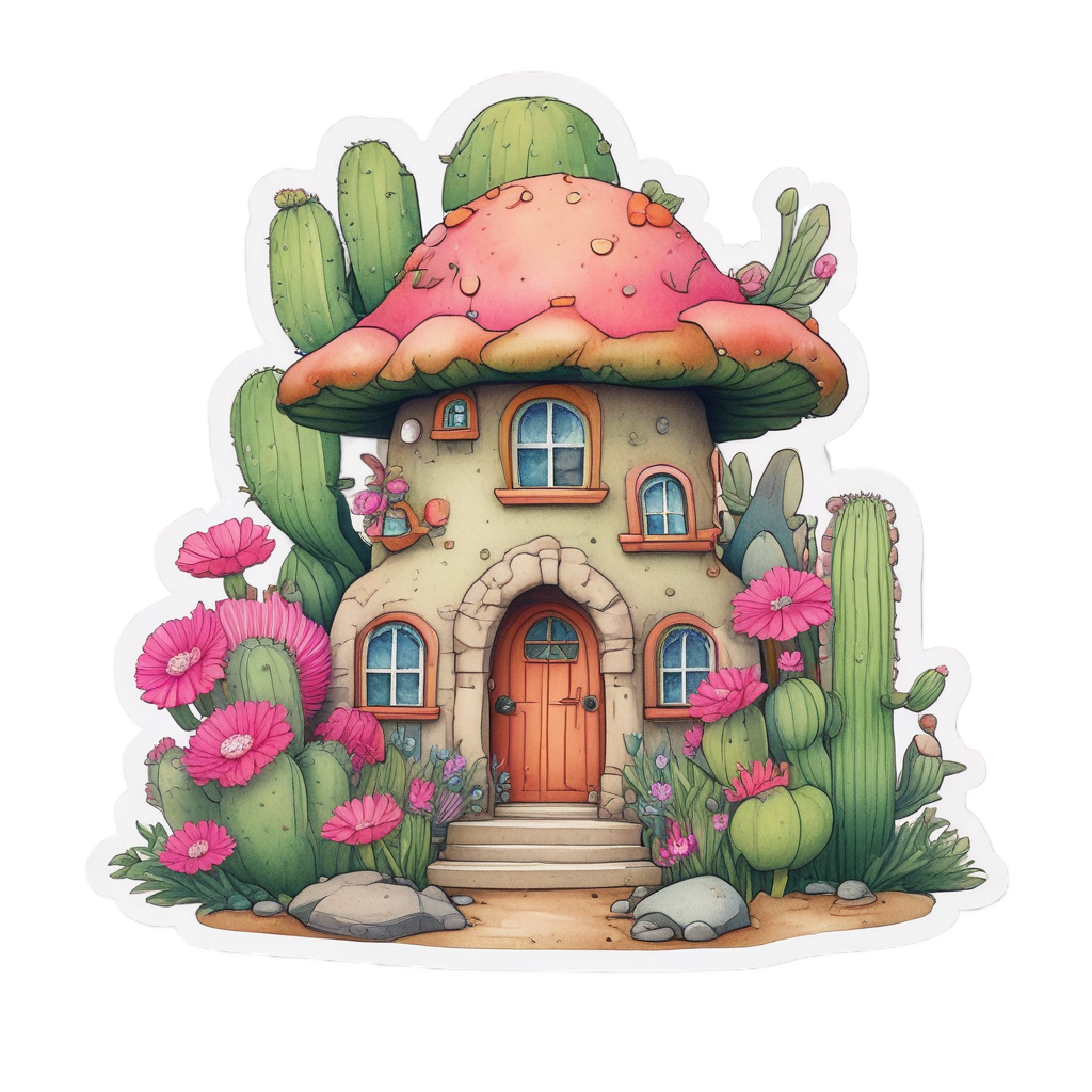 Cactus-shaped mushroom house with pink flowers and sandy base