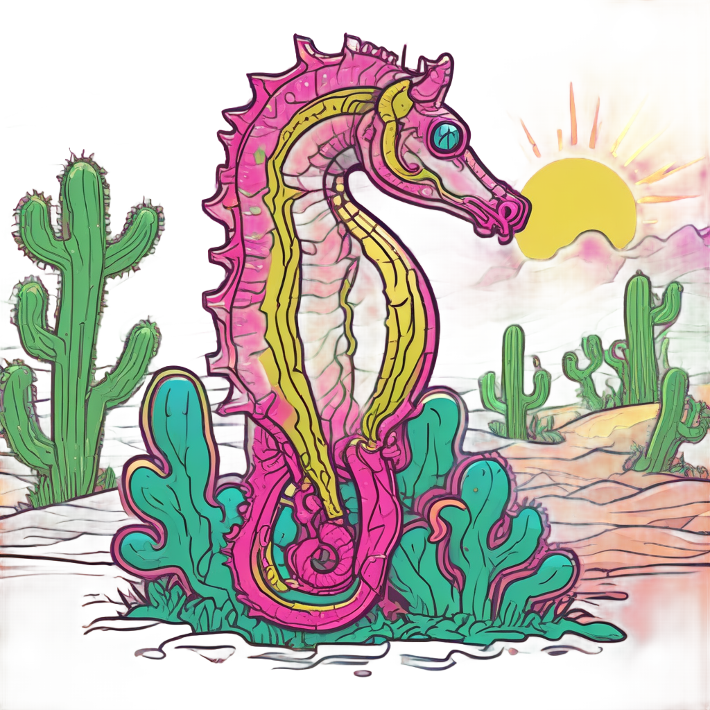 A neon pink seahorse in a desert with a cactus and sunglasses, die-cut sticker