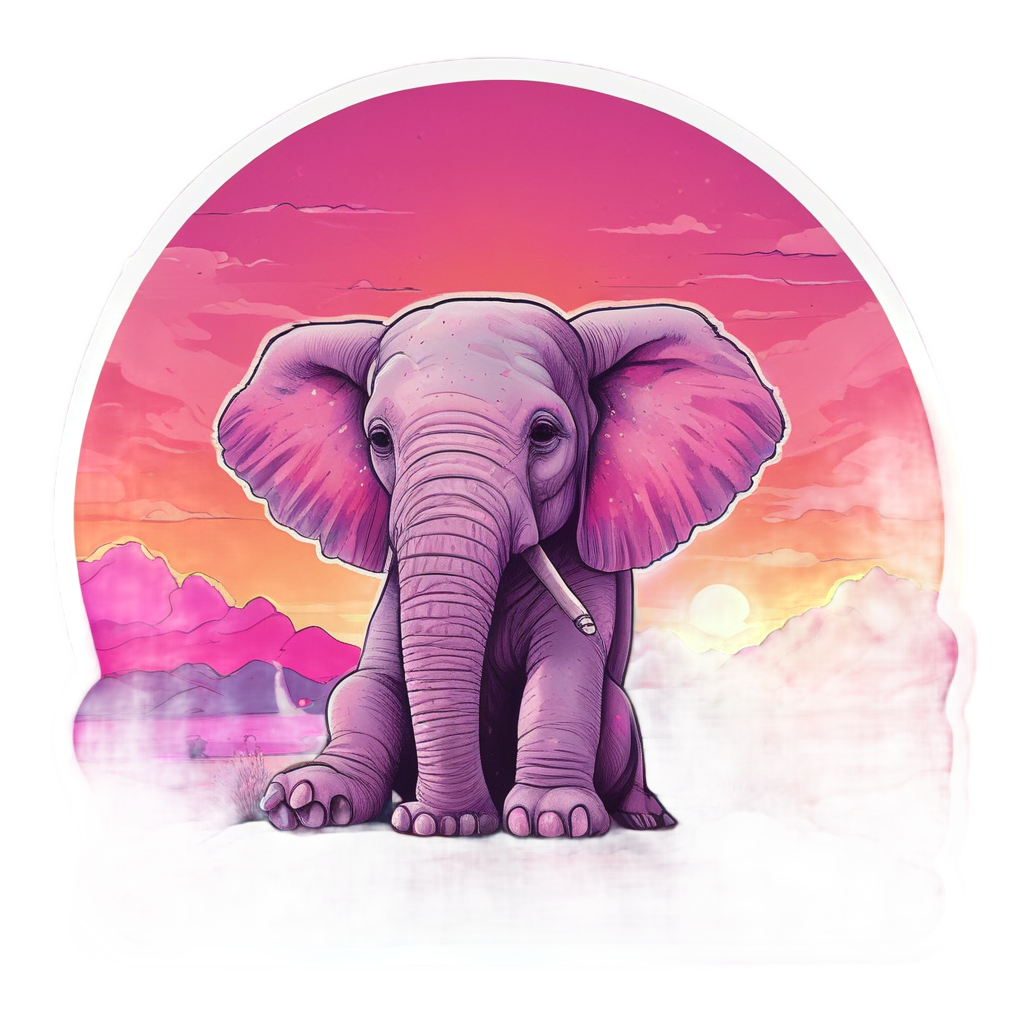 Baby elephant playing a glowing guitar on a neon orange sand dune at sunset
