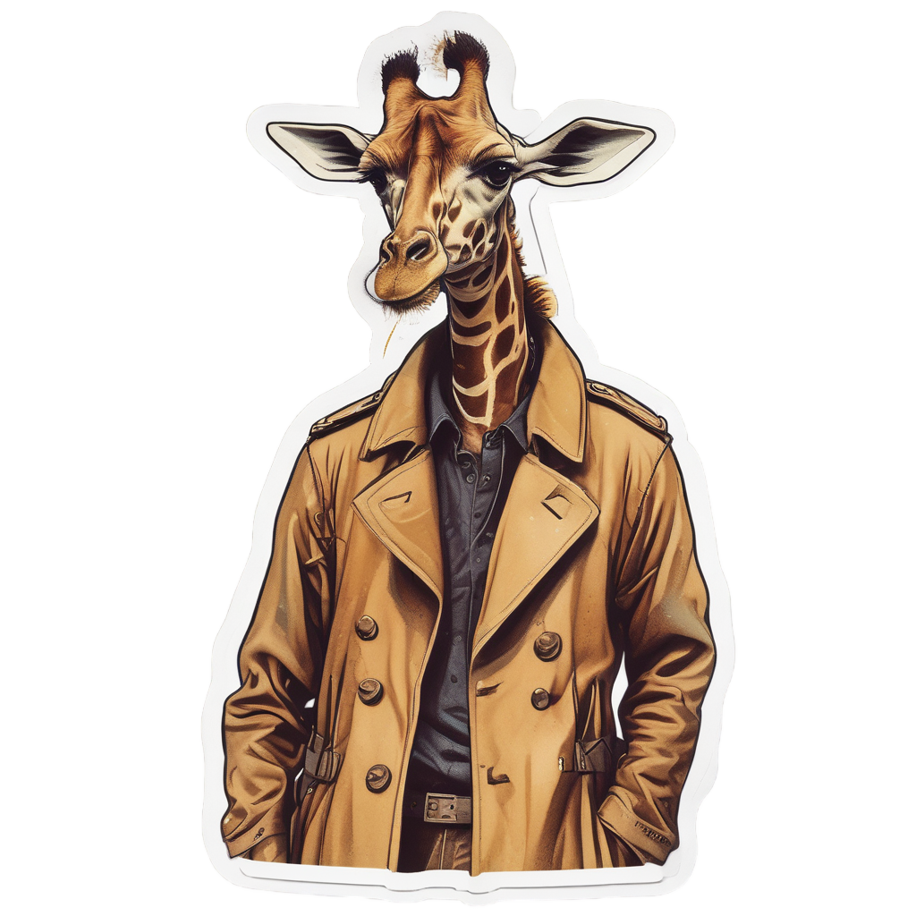 A curious holographic giraffe in a trench coat holding a magnifying glass