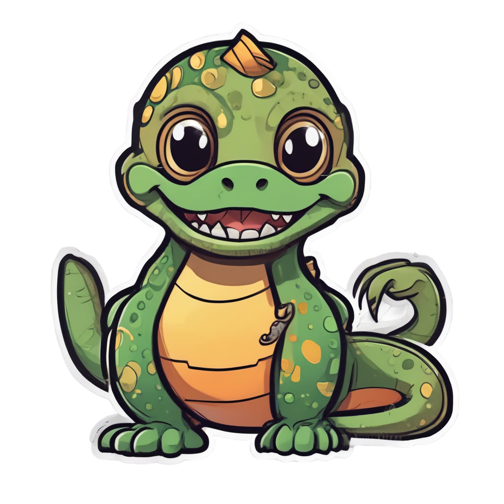 A green snake with dinosaur spikes and excited eyes wearing a tiny dinosaur costume on white.