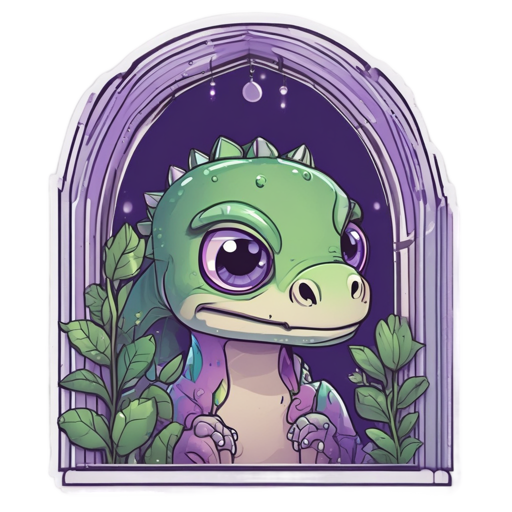 Kawaii dinosaur in gothic arch window with sparkly eyes