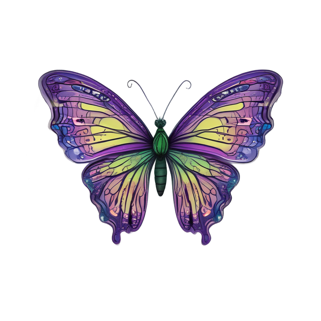 CD disc with neon purple and green butterfly wings on white