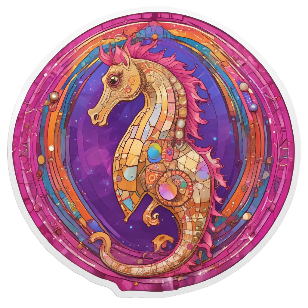 A glittering seahorse with a disco ball headpiece under a rainbow spotlight