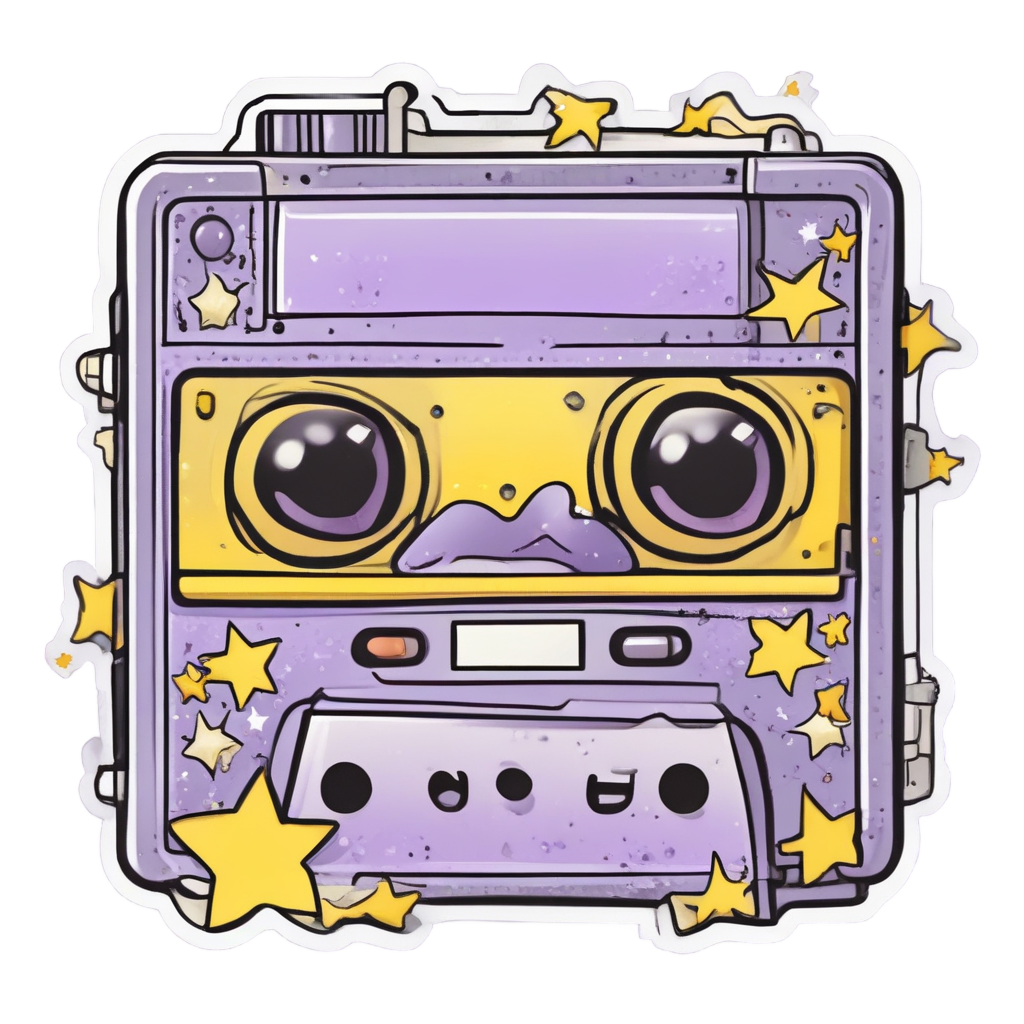 A lavender cassette with starry eyes and a goofy smile.