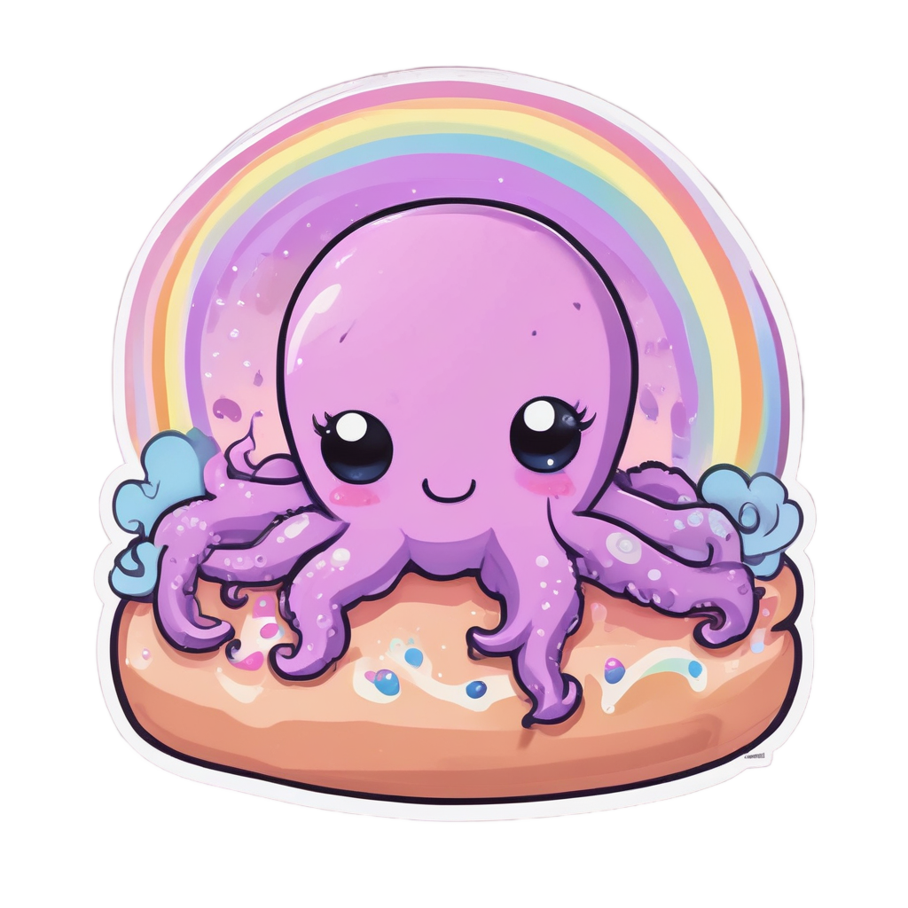 A kawaii octopus sleeping on a pink doughnut with sprinkles