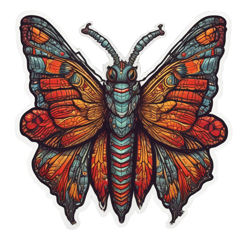 A dragon-like moth with neon red and orange scales.