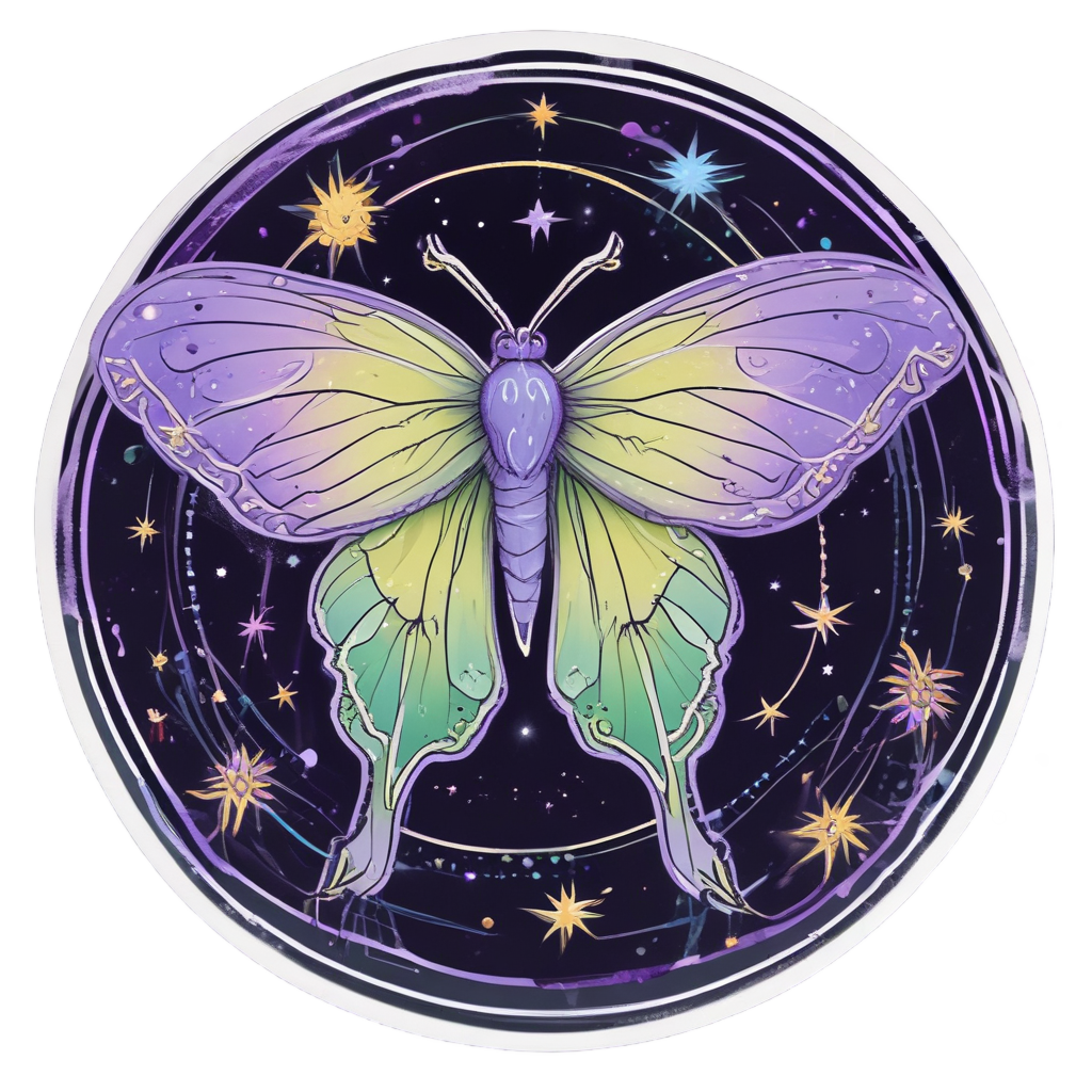 Neon lavender luna moth with dreamcatcher patterned wings resting on a crescent moon.