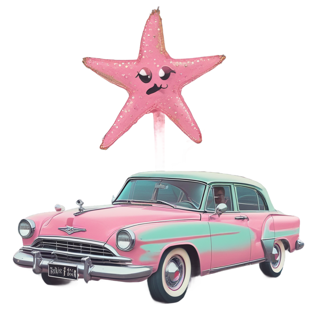 A retro starfish in a vintage car at a drive-in movie, holding popcorn and gazing at a screen