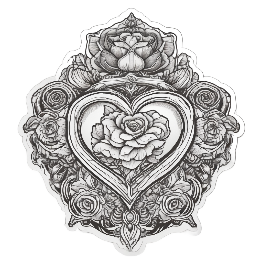 Two hearts with roses flanking a central dagger