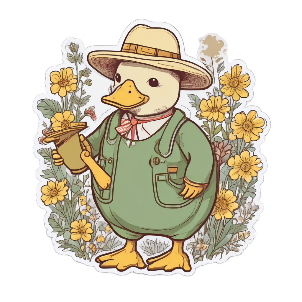 Duck Gardener with Watering Can — farm animals stickers
