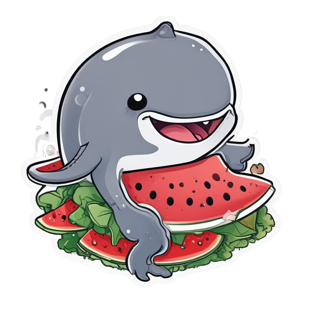 A kawaii baby whale eating a slice of watermelon