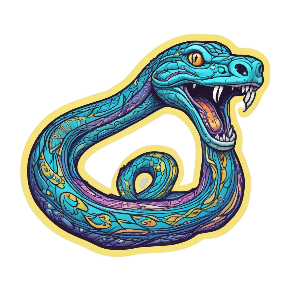 A neon blue and turquoise fine-line snake wrapped around a lightning bolt.