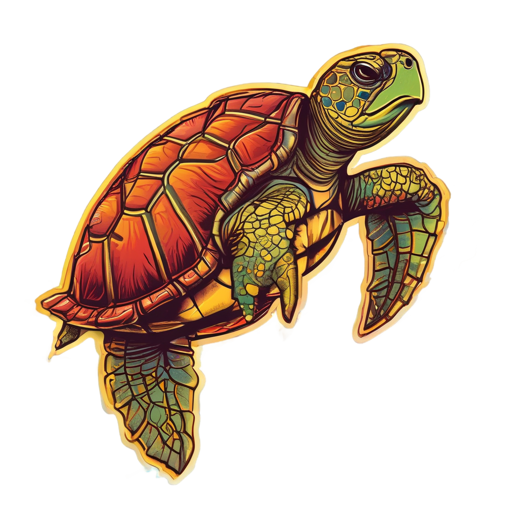 A neon sea turtle with lightning bolt pattern on shell racing forward in red and yellow