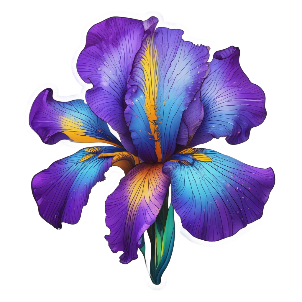 A neon iris with violet and cyan swirling petals on white