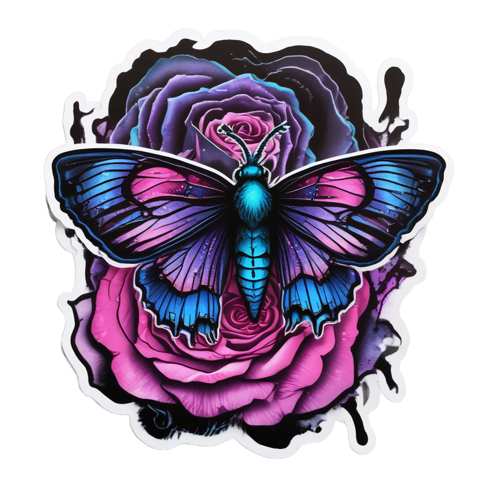 Electric Moth Neon Rose — gothic botanical stickers