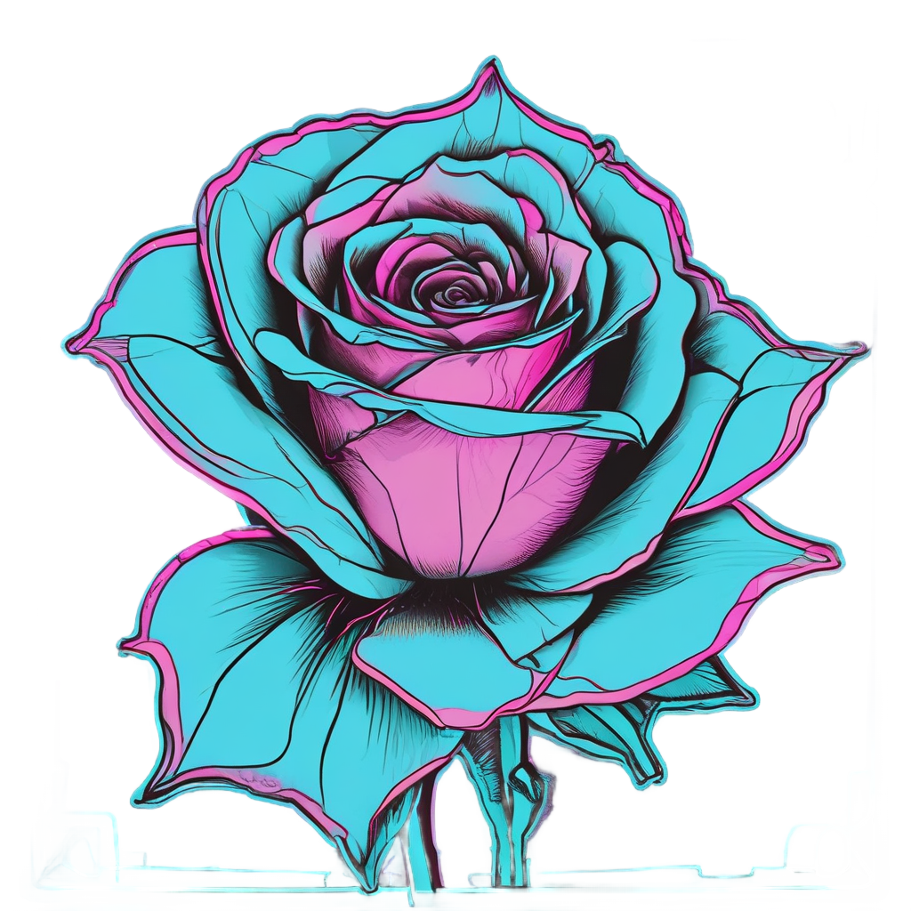 A neon line-art rose with glowing cyan and pink petals on a white background