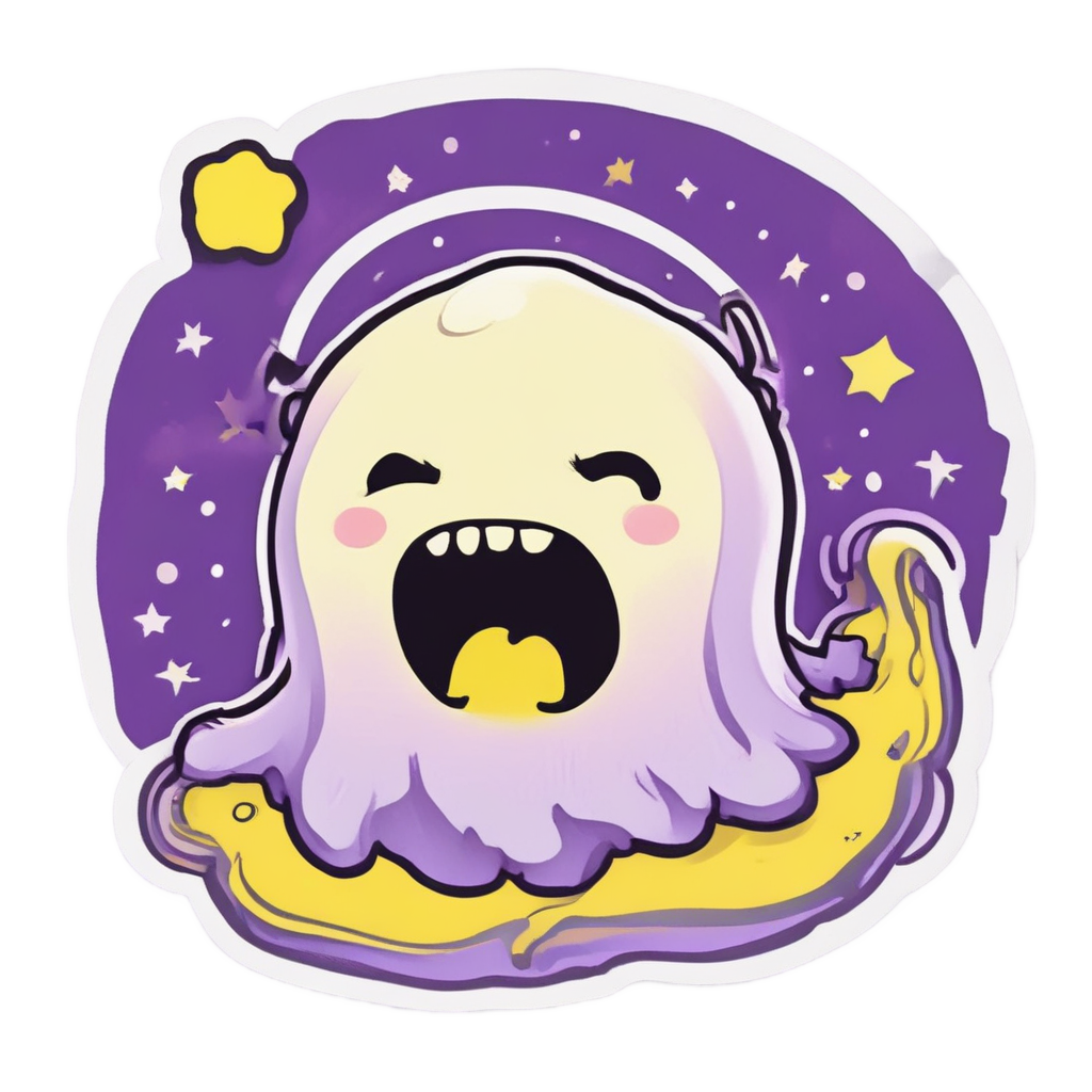 A sleepy neon ghost yawning glowing yellow stars in a purple haze