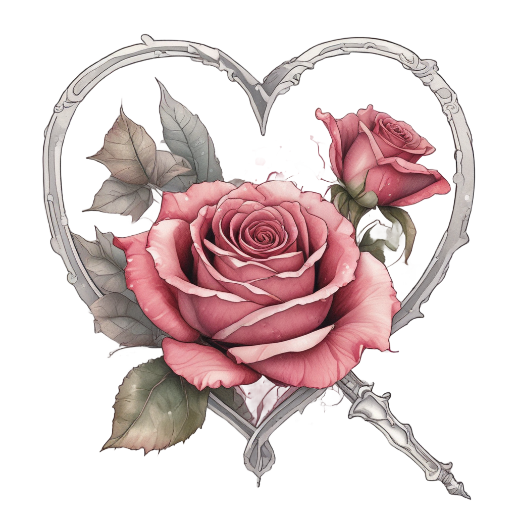 Watercolor rose and dagger forming a heart shape with soft red and gray washes