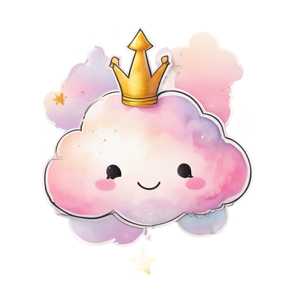 A smiling cloud with a crown and a sparkly wand in watercolor.