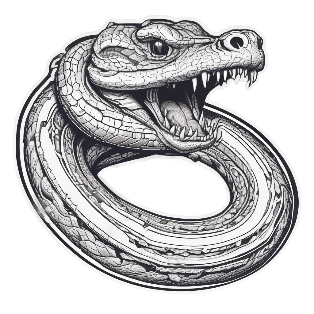 A blackwork lineart rattlesnake in a striking pose with exposed fangs