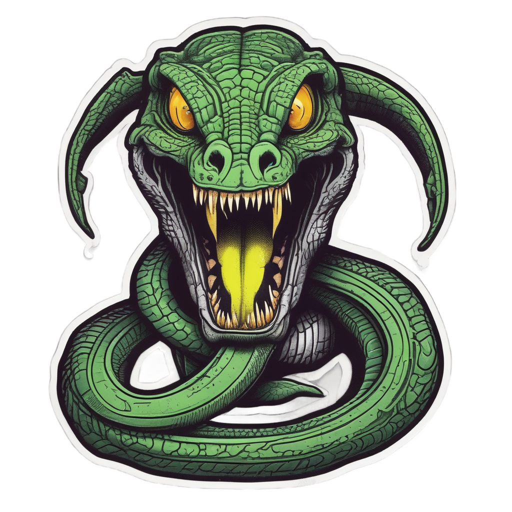 A blackwork snake striking forward with neon green venom dripping from its fangs