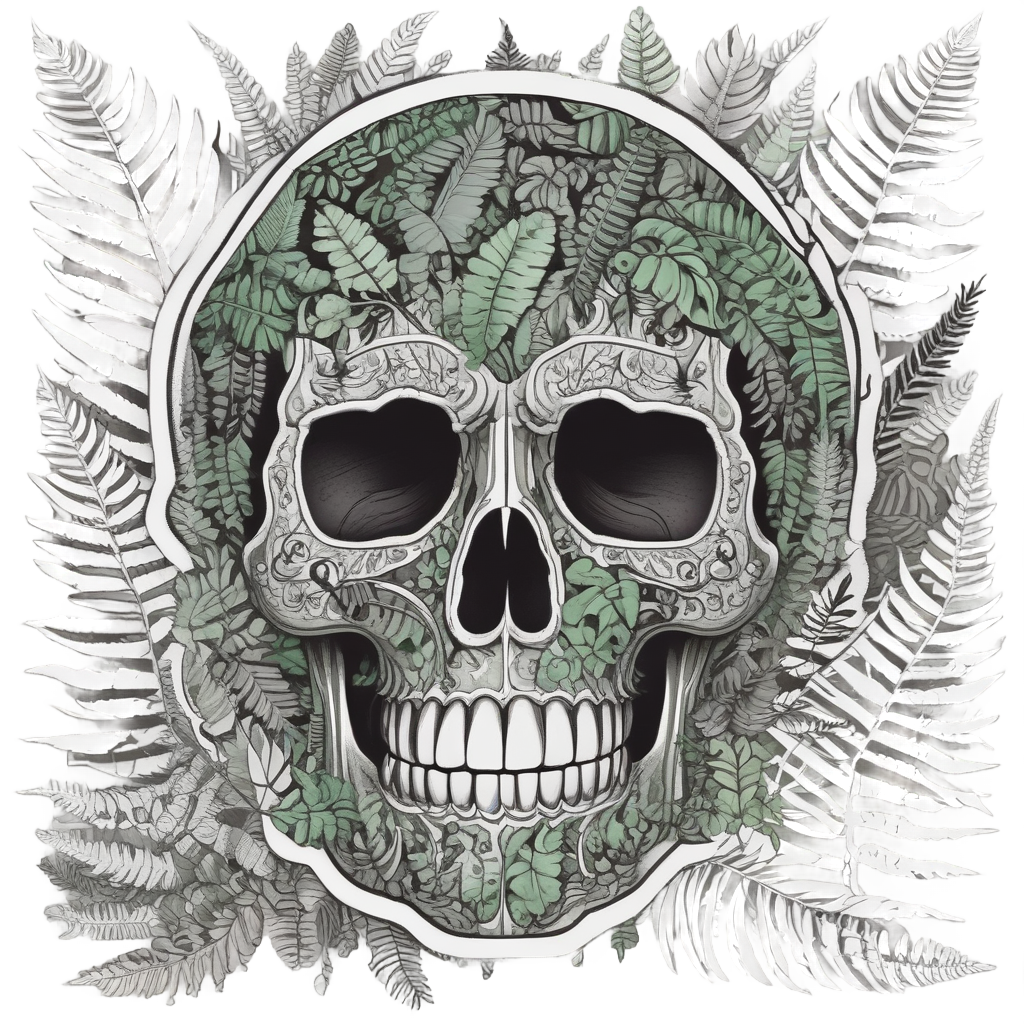 Fern Filled Skull — line-art skull stickers