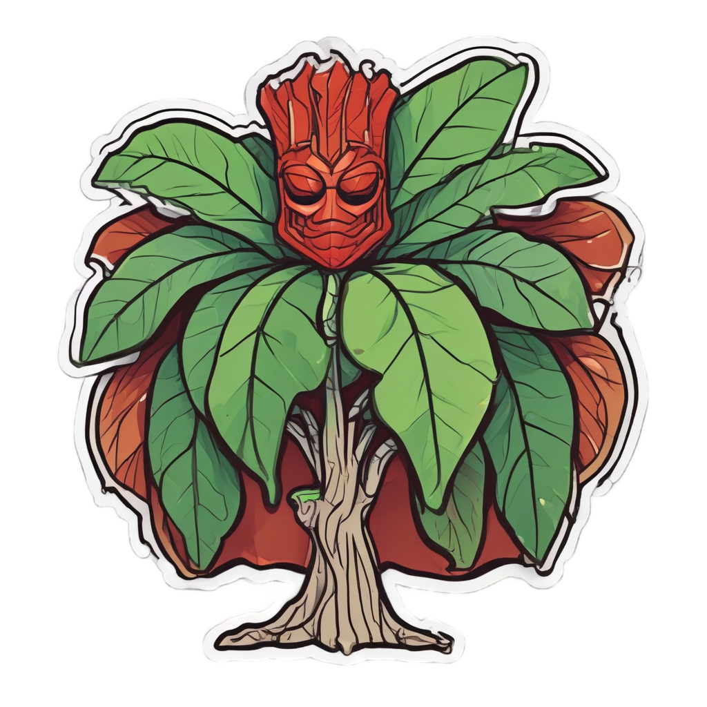 A lineart sticker of a fiddle leaf fig with a cape and mask, red and green.