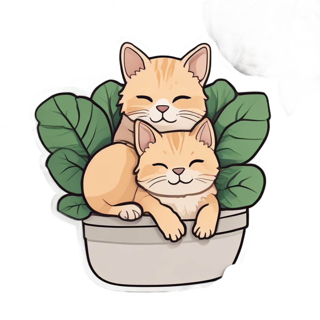Kawaii fiddle leaf fig cuddling a small orange cat