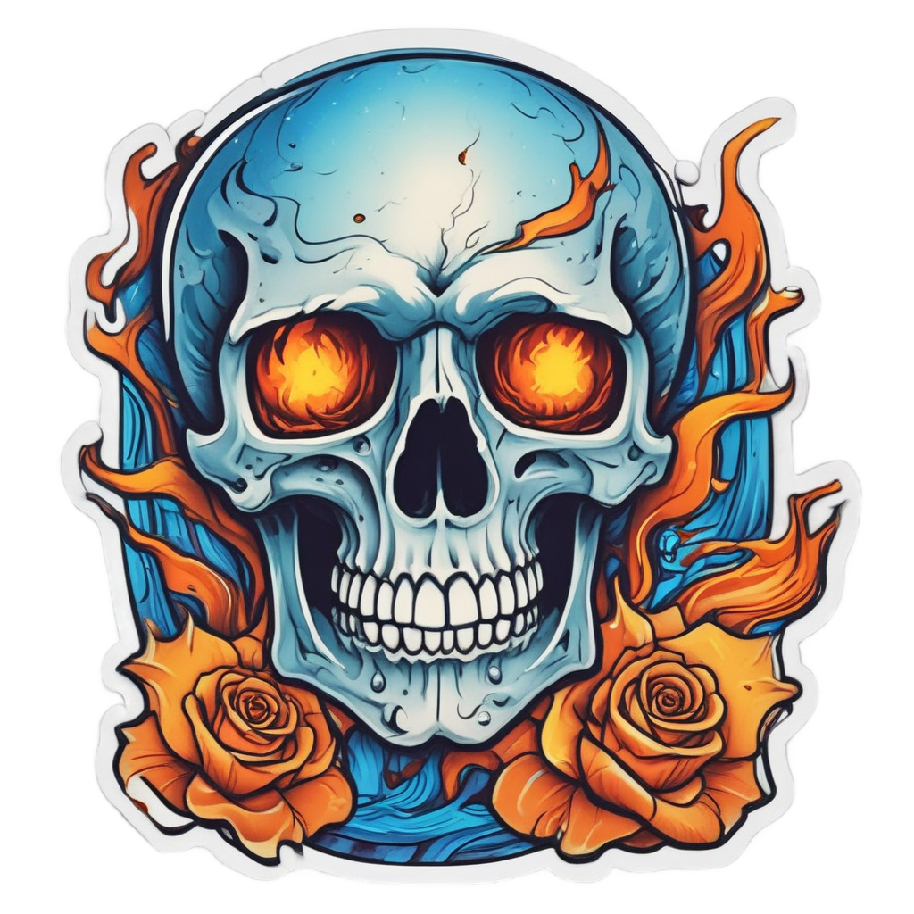 Fiery Rose Skull — watercolor skull & roses stickers